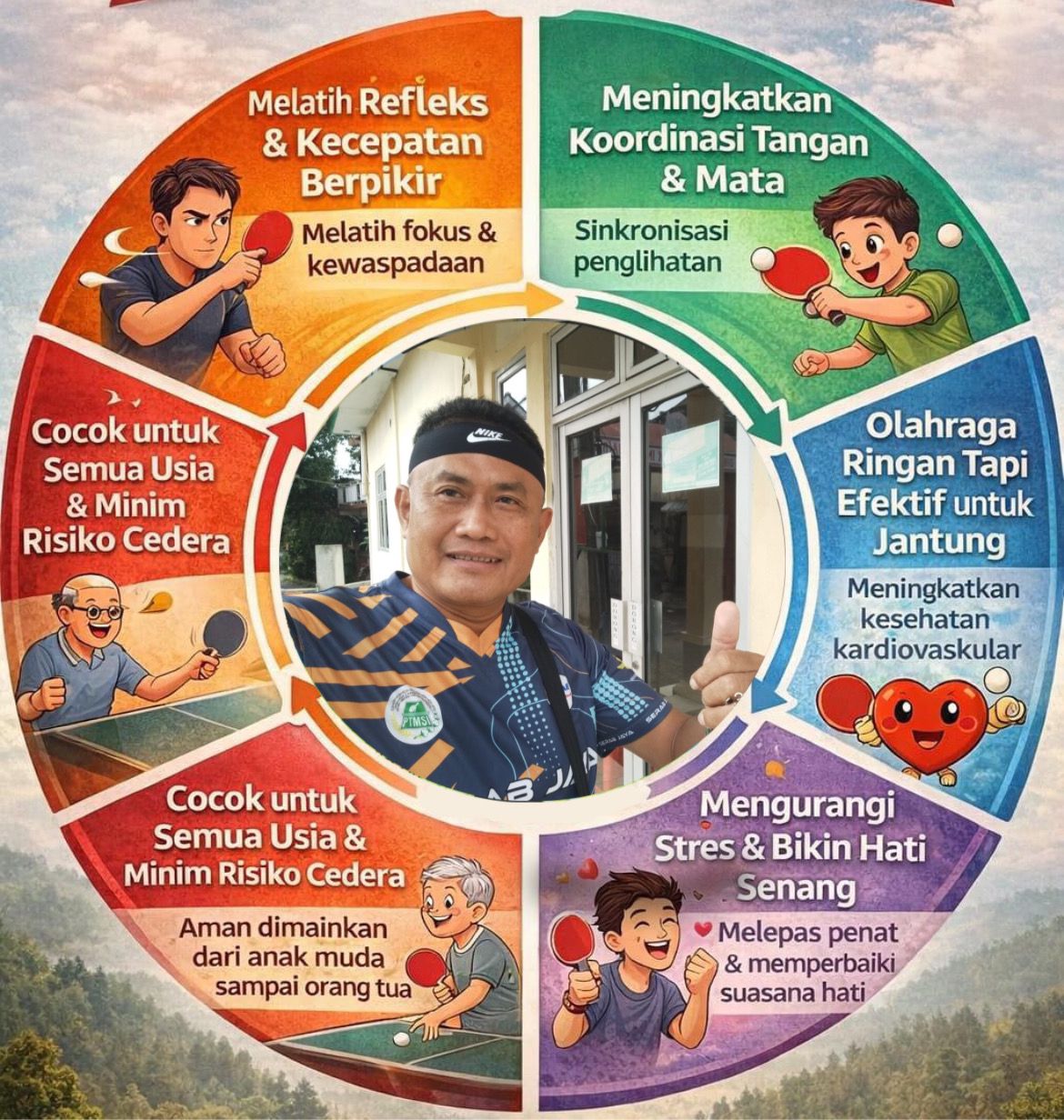 Infografis manfaat tenis meja: melatih refleks dan kecepatan berpikir, koordinasi tangan dan mata, kesehatan jantung, mengurangi stres, cocok untuk semua usia